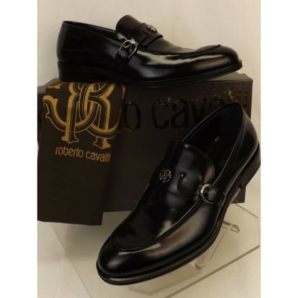 NIB ROBERTO CAVALLI BLACK LEATHER BELTED BUCKLE LOGO LOAFERS 41 US 8 ITALY main image 13